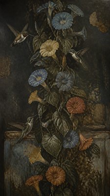 a climbing vine of flowers and hummingbirds on a dark background, tall wrapping composition, no text