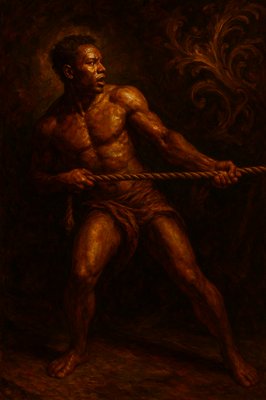 a painting of a man holding a rope