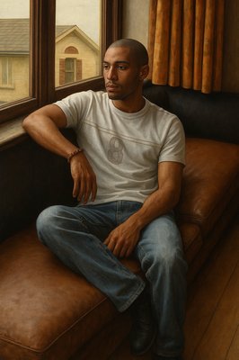 a painting of a man sitting on a couch