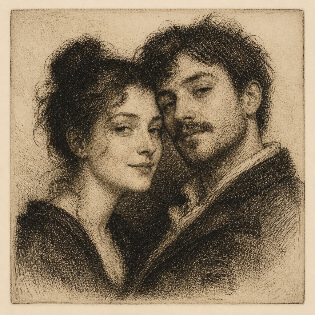 portrait of two people together — Etching Print Style