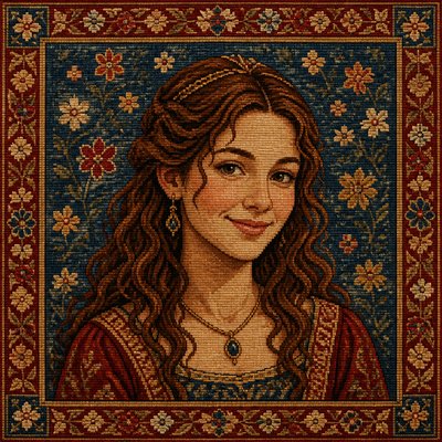 head-and-shoulders portrait of an original character: a young woman with wavy chestnut hair and a warm smile, plain soft backdrop