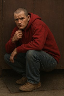a man in a red hoodie squatting on the ground