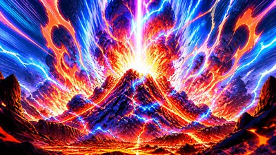 an erupting volcano with lightning strikes, dramatic wide composition, no text