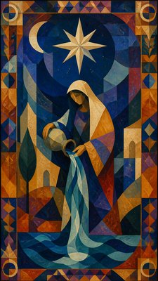 a robed figure pouring water beneath a large eight-pointed star in a night sky, symmetrical composition with an ornate decorative border, no text