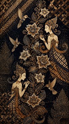 a climbing vine of flowers and hummingbirds on a dark background, tall wrapping composition, no text