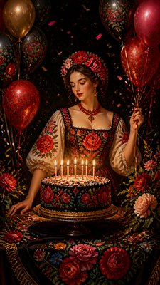 a birthday cake with lit candles surrounded by balloons and confetti, festive vertical composition, no text