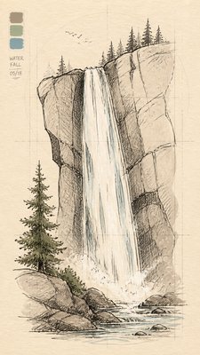 towering waterfall cascading down a cliff