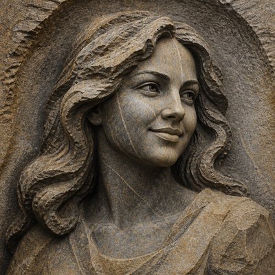head-and-shoulders portrait of an original character: a young woman with wavy chestnut hair and a warm smile, plain soft backdrop