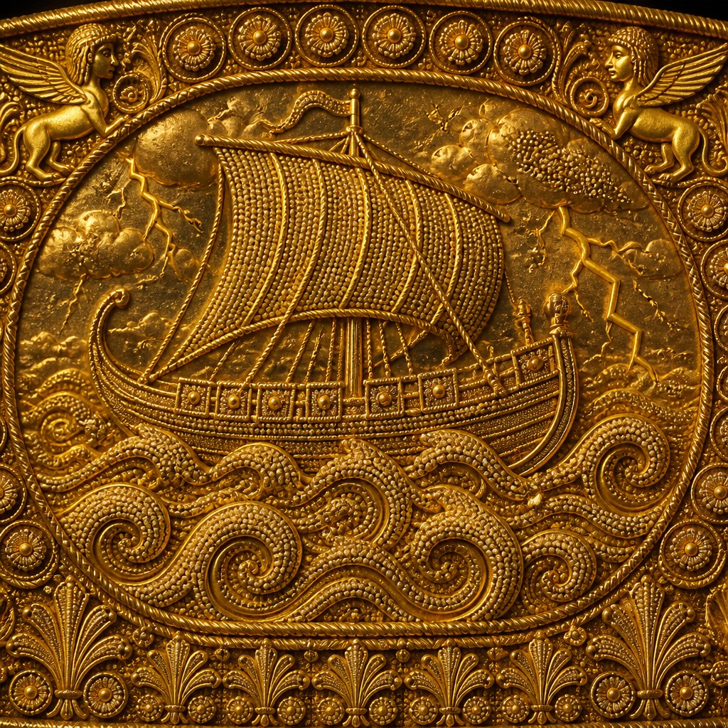 sailing ship on a stormy sea — Etruscan Granulation Jewelry Style