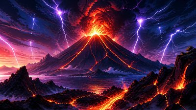 an erupting volcano with lightning strikes, dramatic wide composition, no text