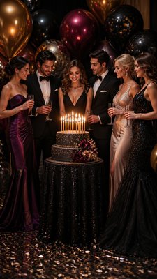 a birthday cake with lit candles surrounded by balloons and confetti, festive vertical composition, no text