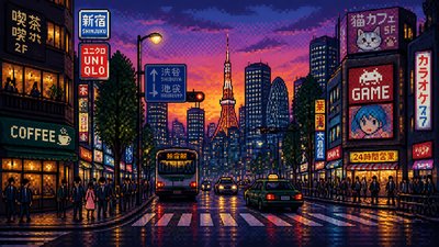 bustling city street panorama at dusk