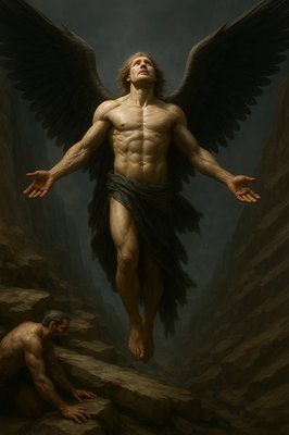 a painting of a man with wings on his back