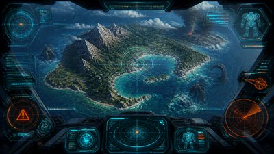 a map of an island realm with mountains, forests, a sheltered bay, sea monsters in the water and a compass rose, no text labels