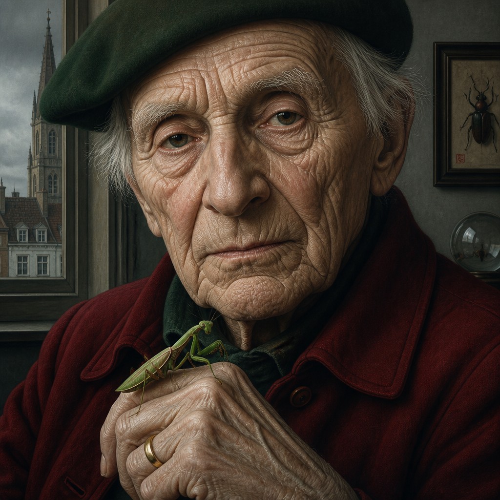 close-up portrait of an elderly person with expressive weathered features — Belgian Art Style