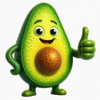 a happy avocado character giving a thumbs up, bold readable design on a plain background, no text