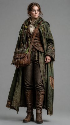 full-body original character: a wandering botanist with a satchel of plants, a patched green cloak, tall boots and round glasses, neutral background