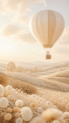a hot air balloon drifting over rolling flower fields on a sunny day, cheerful, no text