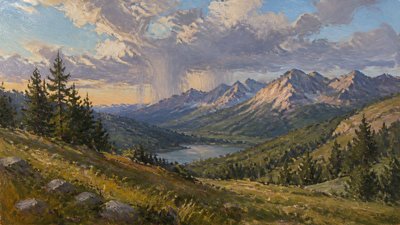 sweeping panoramic landscape with a dramatic sky