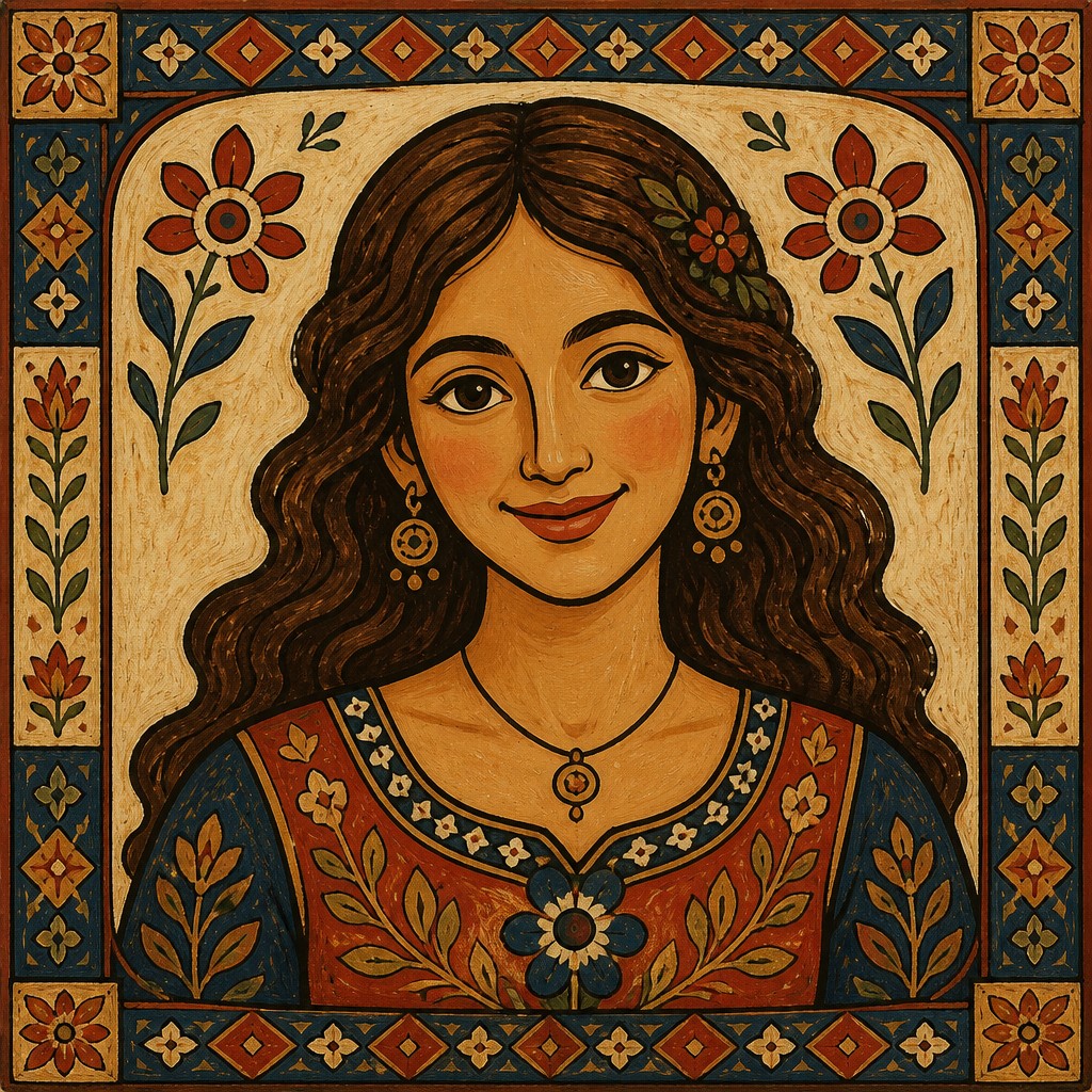 head-and-shoulders portrait of an original character: a young woman with wavy chestnut hair and a warm smile, plain soft backdrop