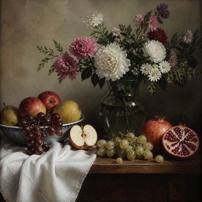 still life arrangement of fruits and flowers