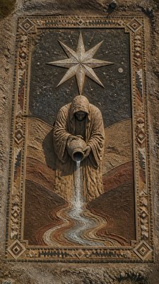 a robed figure pouring water beneath a large eight-pointed star in a night sky, symmetrical composition with an ornate decorative border, no text