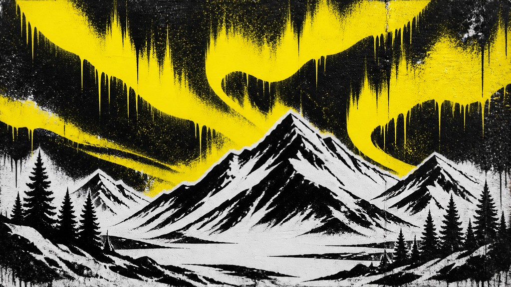 a flowing aurora over snowy peaks, wide sweeping composition, no people, no text
