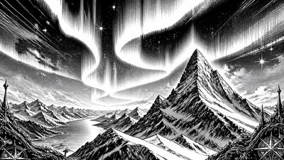 a flowing aurora over snowy peaks, wide sweeping composition, no people, no text
