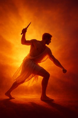 a man holding a sword in front of a sunset