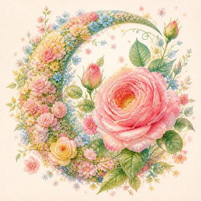a rose entwined with a crescent moon, clean balanced composition on a plain background, no text