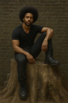 a man sitting on top of a tree stump