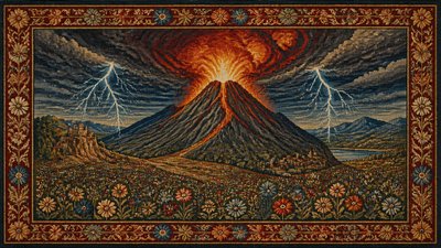 an erupting volcano with lightning strikes, dramatic wide composition, no text