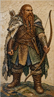 full-body original character: a dwarven ranger with a braided auburn beard, worn leather armor, a longbow and a wolf-pelt cloak, neutral background, no text