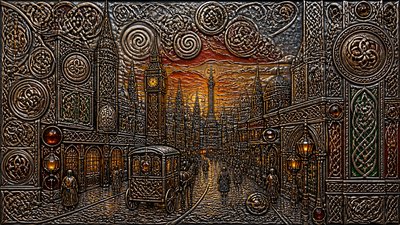 bustling city street panorama at dusk