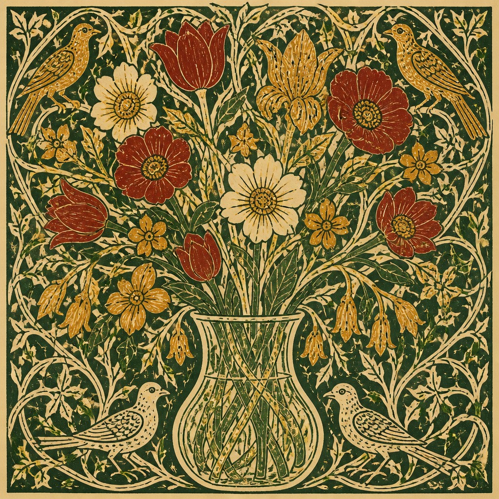 bouquet of flowers in a glass vase — Arts and Crafts Style