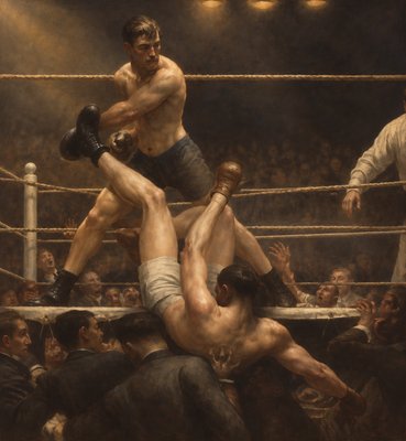 a painting of two men wrestling in a ring