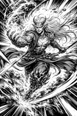 a black and white drawing of a man with a sword