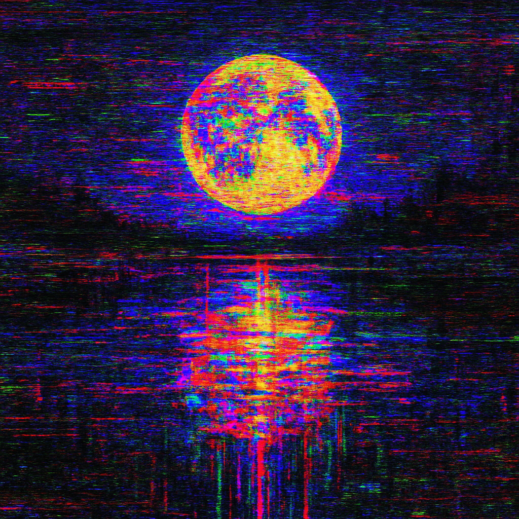 Start with a completely ordinary, even boring photograph of a full moon reflecting over a still lake.
Corrupt it until it no longer resembles its original subject at all, but still somehow feels like it’s haunted by what it used to be. Push the file through at least four different deliberate stages of destruction (e.g. heavy JPEG decay → databend in Audacity → pixel sorting by luminance → extreme RGB channel displacement and offset). Let compression artifacts bloom into impossible colors. Allow entire sections to liquefy and drip downward. Make the metadata scream. The final image should feel like a memory that’s been compressed, encrypted, lost, recovered, and compressed again for twenty years.