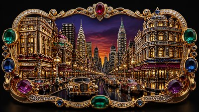 bustling city street panorama at dusk