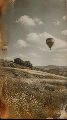a hot air balloon drifting over rolling flower fields on a sunny day, cheerful, no text