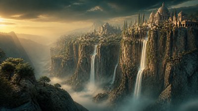 a cliffside city with waterfalls cascading into a misty canyon, wide establishing shot, no people, no text