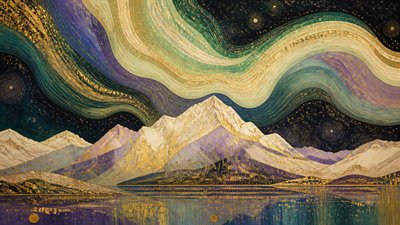 a flowing aurora over snowy peaks, wide sweeping composition, no people, no text