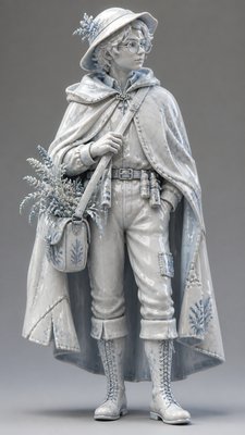 full-body original character: a wandering botanist with a satchel of plants, a patched green cloak, tall boots and round glasses, neutral background