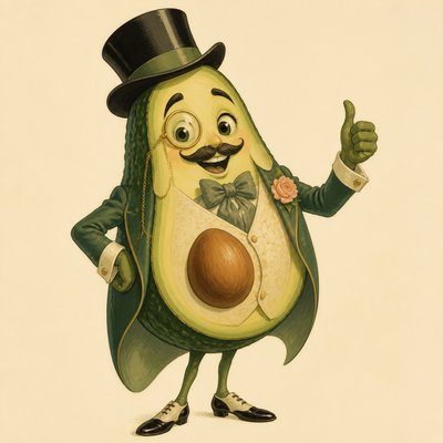 a happy avocado character giving a thumbs up, bold readable design on a plain background, no text