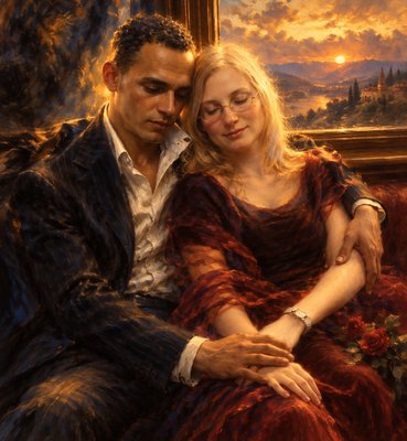 a painting of a man and a woman sitting on a couch