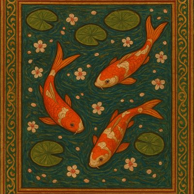 A koi pond seen from above, orange and white koi fish swimming among lily pads, clear water with subtle ripples, fallen cherry blossom petals floating on the surface, dappled sunlight