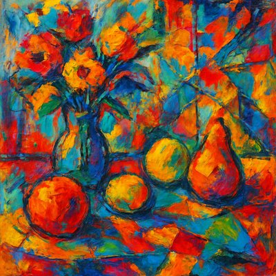 still life arrangement of fruits and flowers