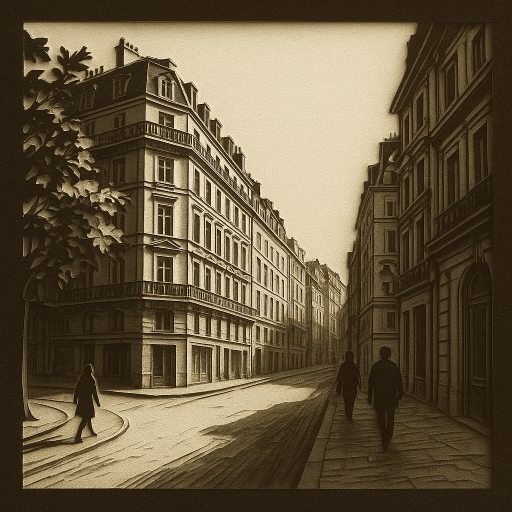 a drawing of two people walking down a street