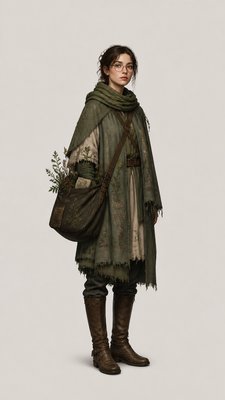 full-body original character: a wandering botanist with a satchel of plants, a patched green cloak, tall boots and round glasses, neutral background