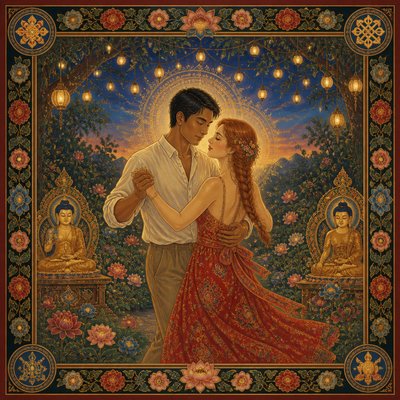 an original couple dancing under string lights in a garden at dusk: a man with short black hair in a linen shirt and a woman with braided red hair in a summer dress